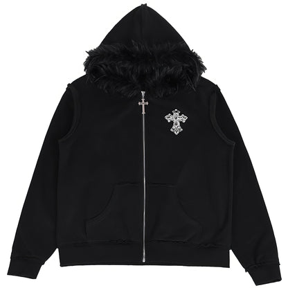 Faux Fur Trim Zip-Up Hoodie