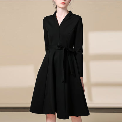 Pleated Waist Wrap Black Midi Dress