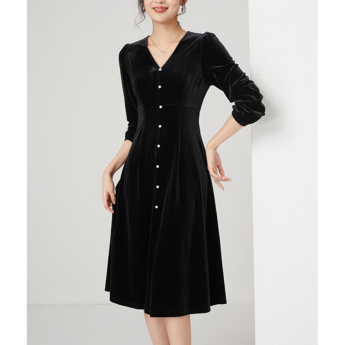 Velvet Button Detail Midi Dress