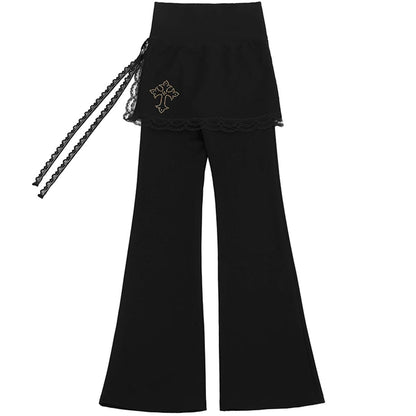 Lace Trim Flared Pants with Layered Skirt Detail