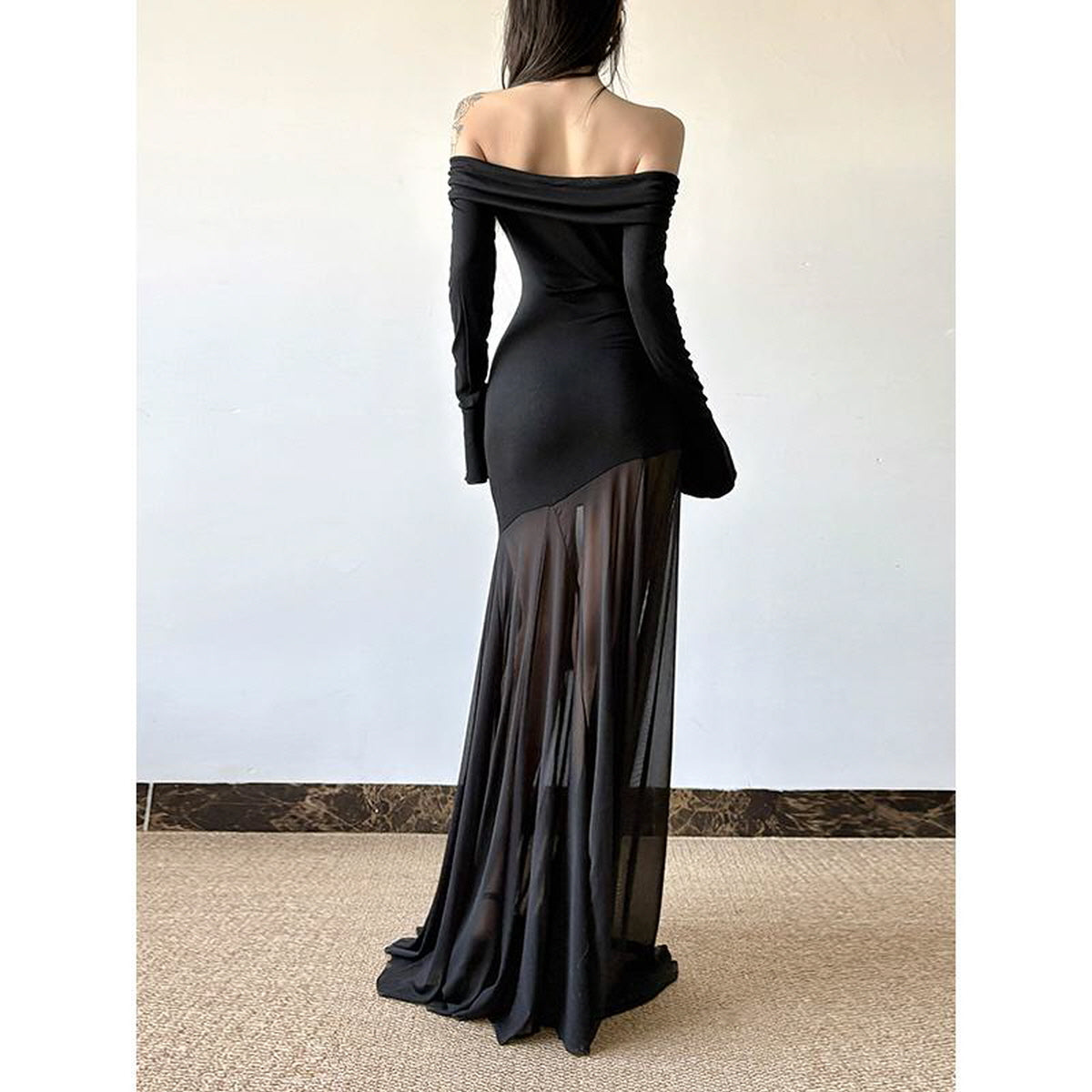 Sheer Panel Off-Shoulder Maxi Dress