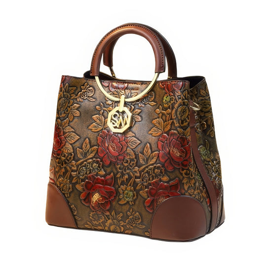Structured Embossed Rose Top Handle Bag