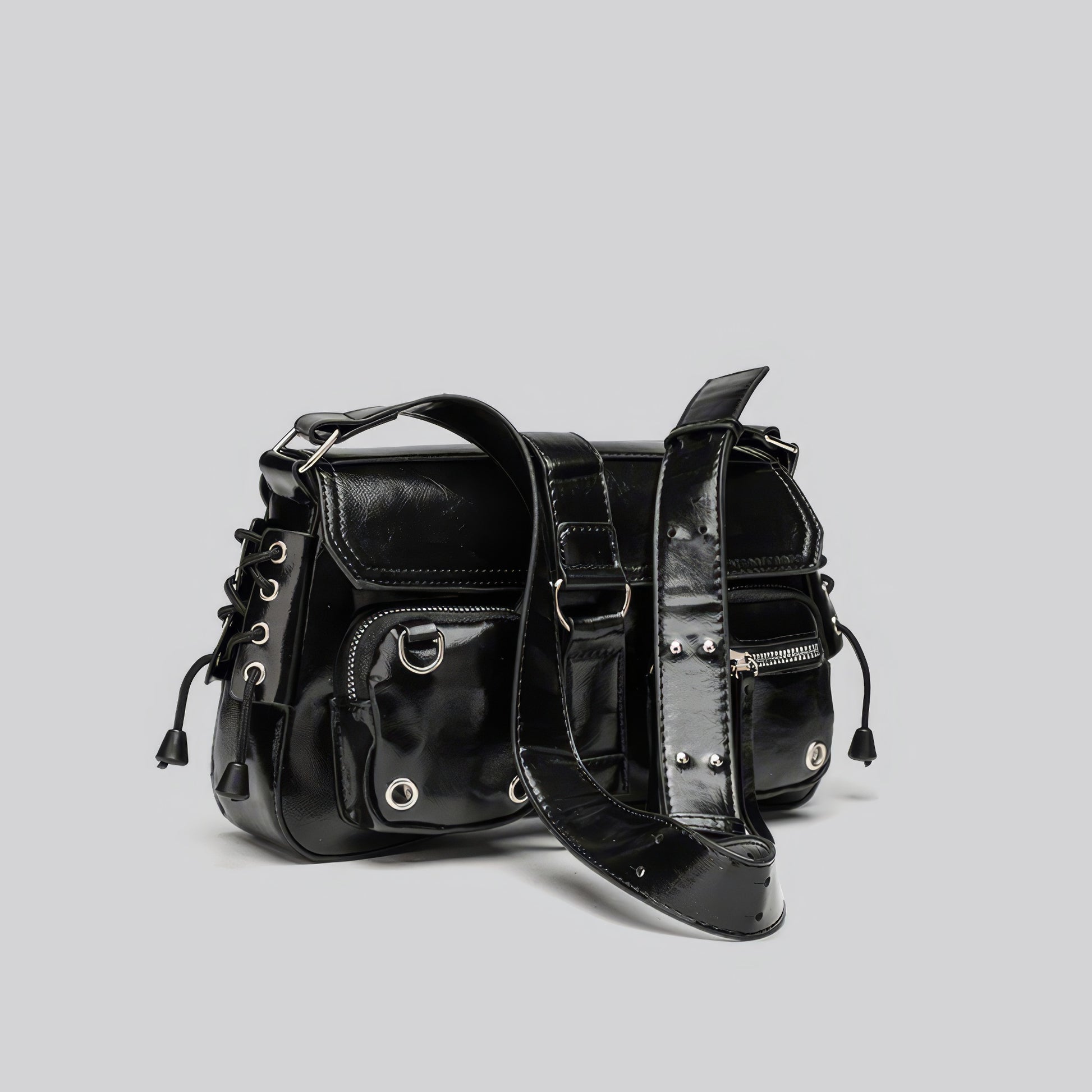 Glossy Buckle Multi-Pocket Shoulder Bag