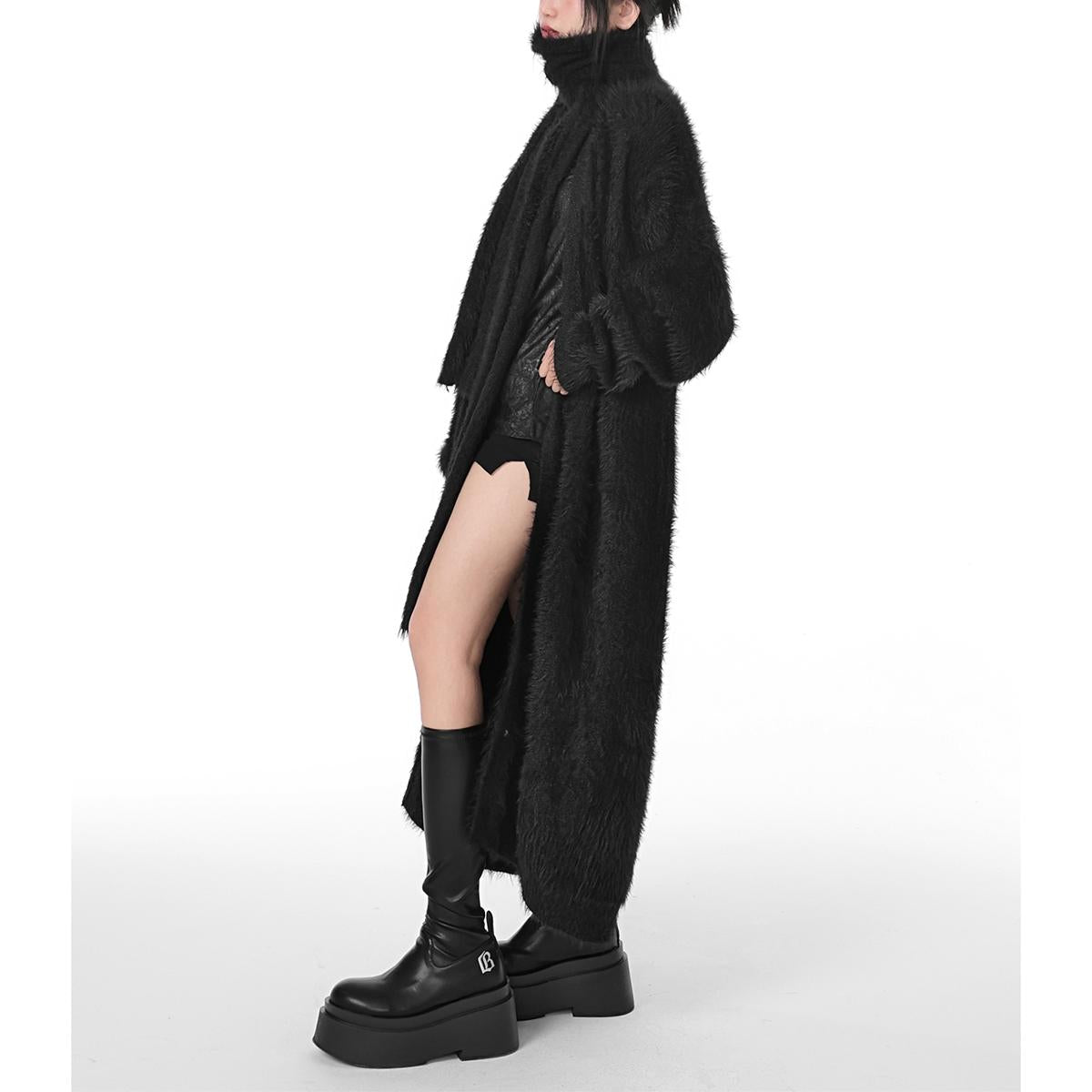 Textured Long Fuzzy Coat with Matching Scarf