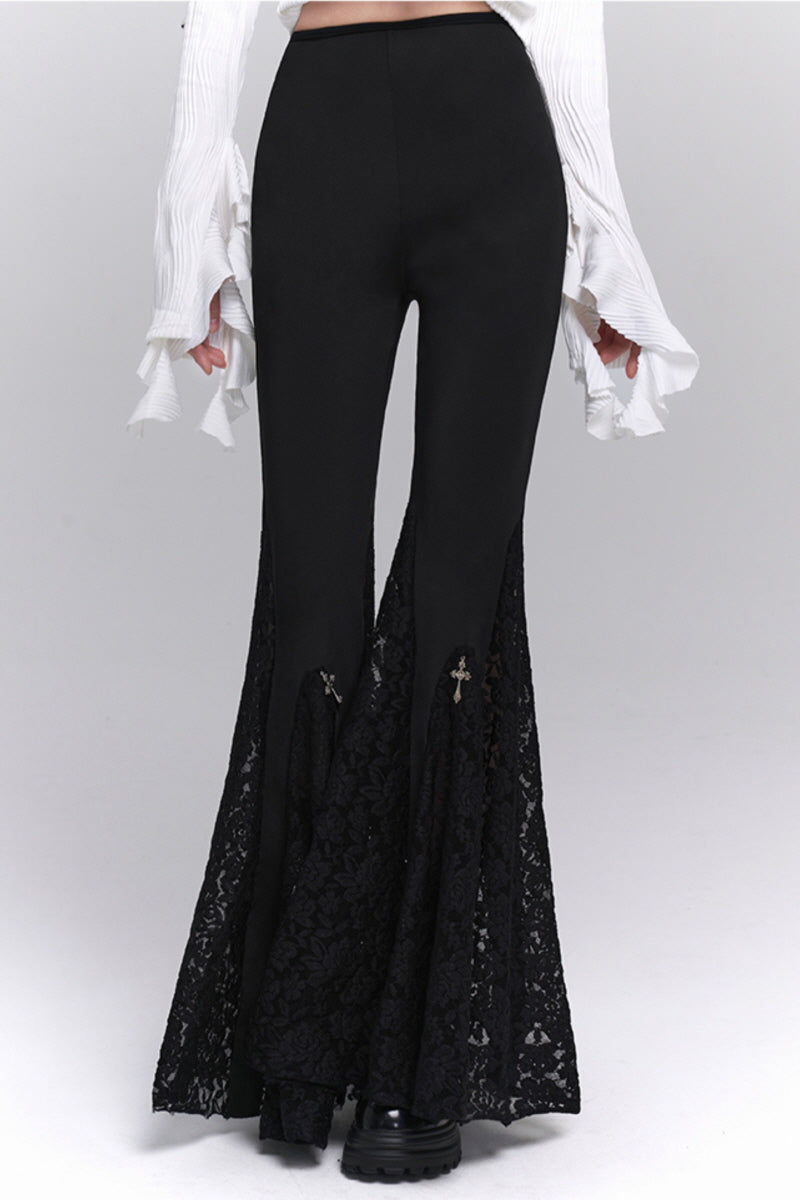 Black Lace Panel Flare Pants