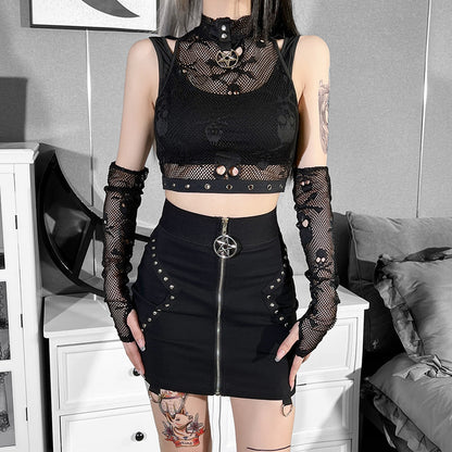 Mesh Skull Lace Crop Top & Arm Warmers Set