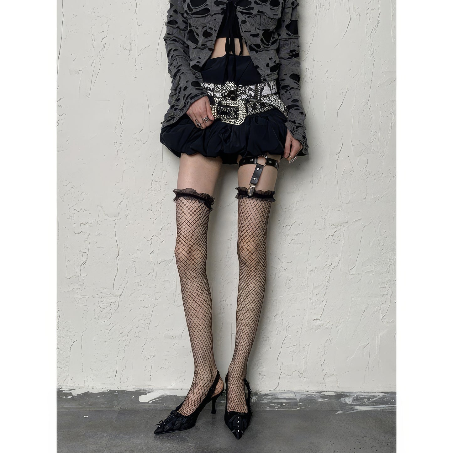 Ruffled Lace Trim Fishnet Thigh-High Stockings