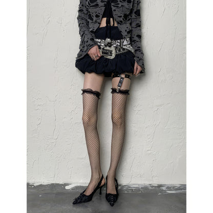 Ruffled Lace Trim Fishnet Thigh-High Stockings