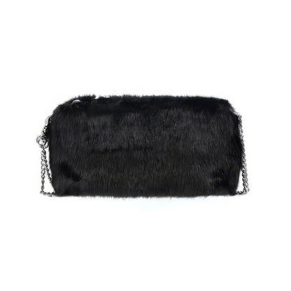 Faux Fur Cross Emblem Chain Shoulder Bag