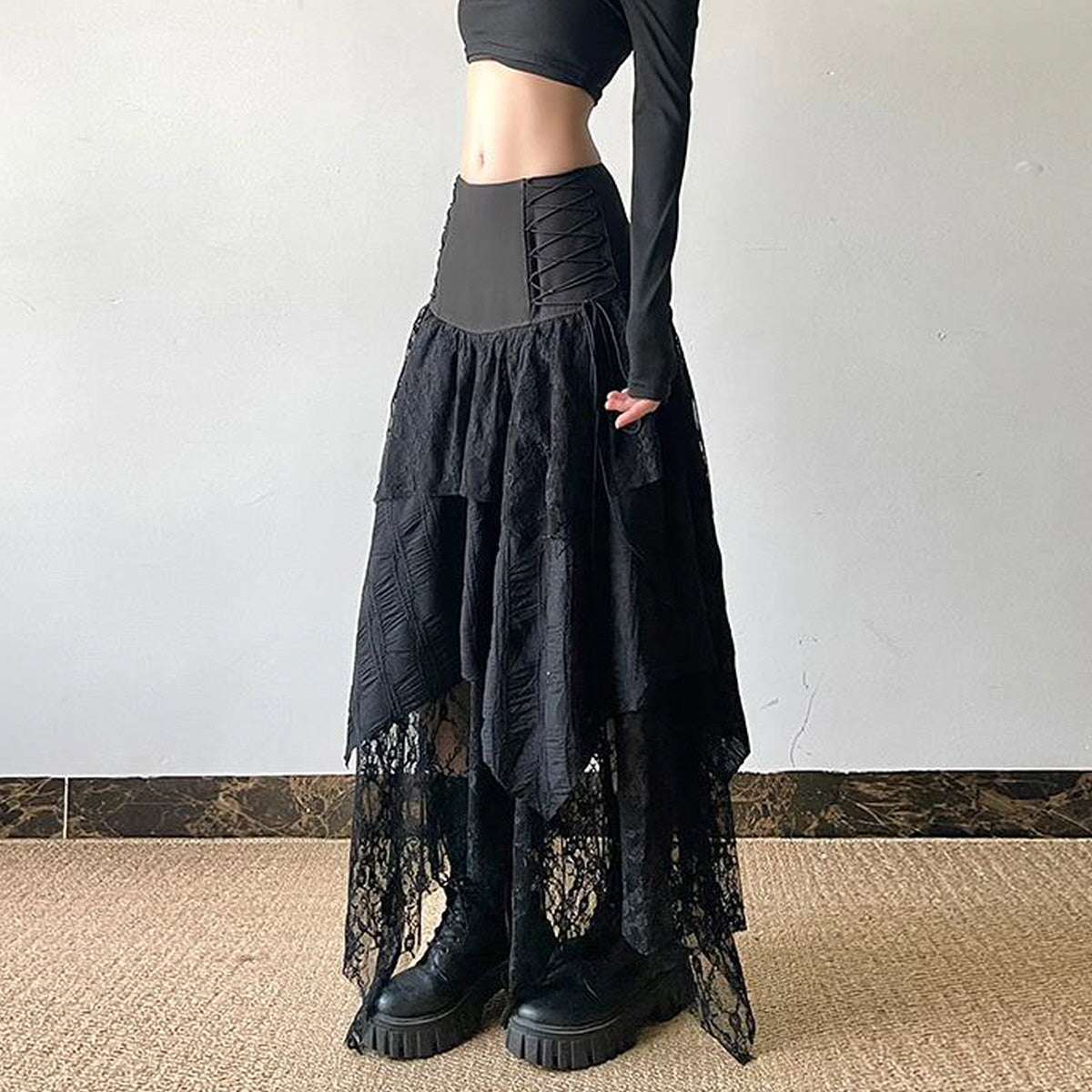 Lace-Up Layered Maxi Skirt