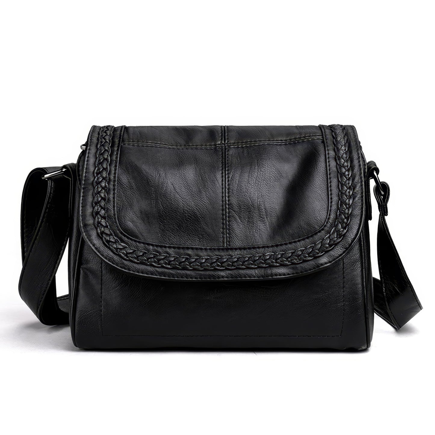 Braided Trim Flap Leather Crossbody Bag