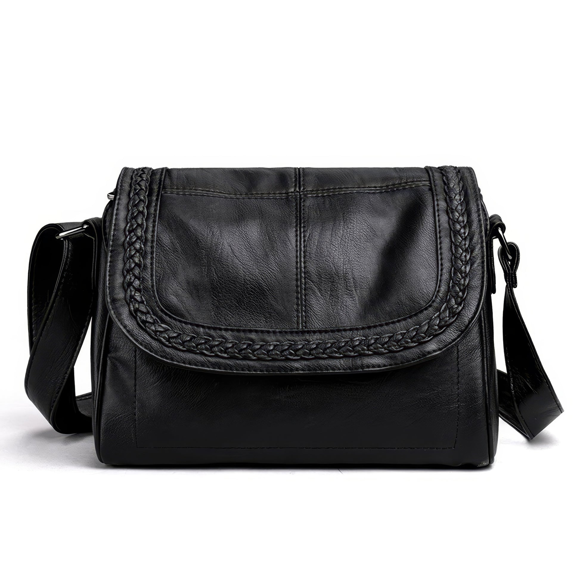 Braided Trim Flap Leather Crossbody Bag