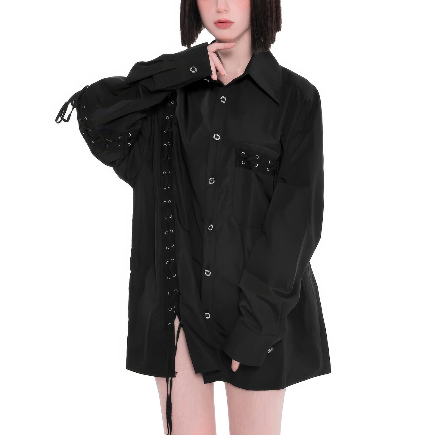Eyelet Lace-Up Oversized Shirt