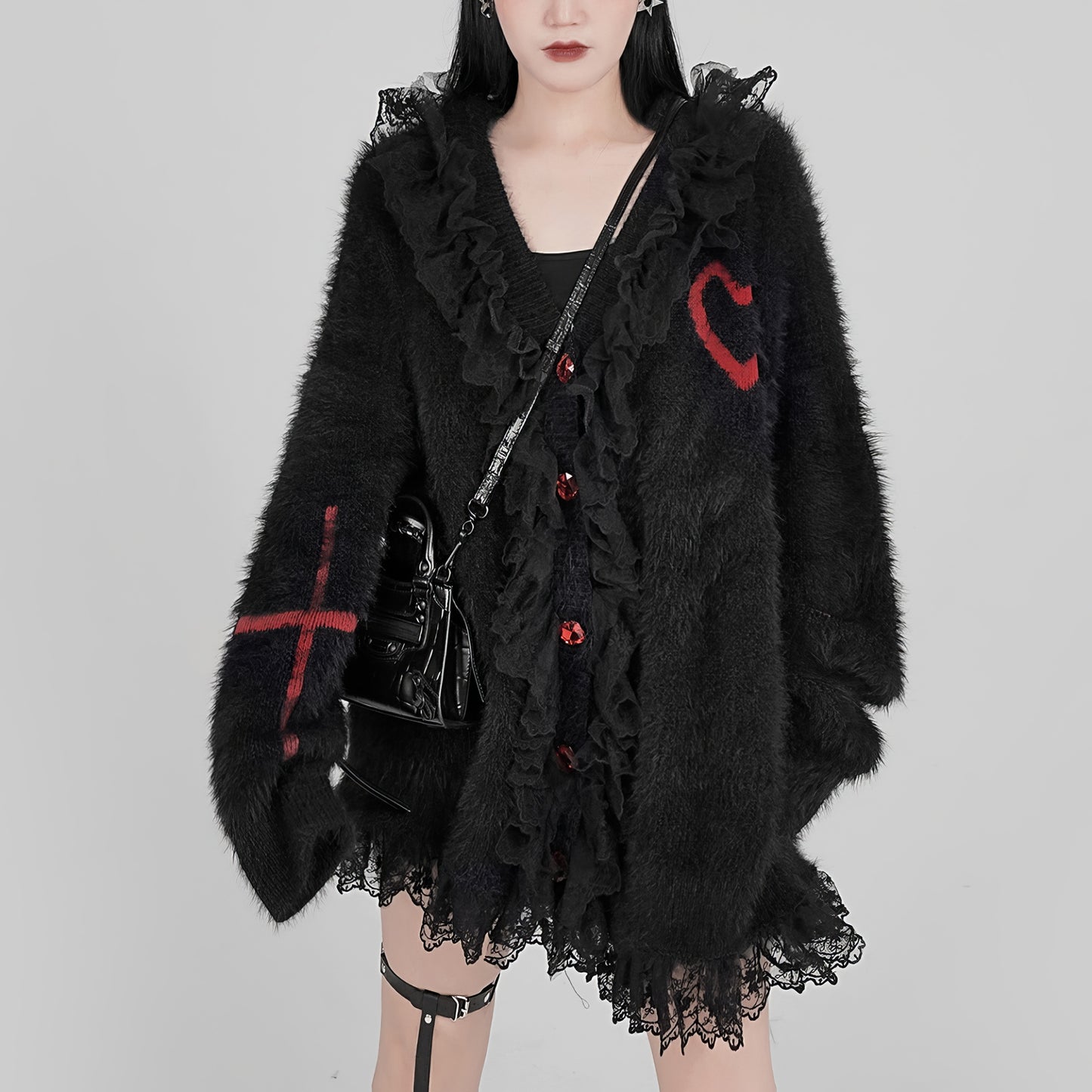 Lace Trim Fuzzy Knit Cardigan