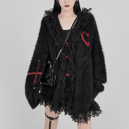 Lace Trim Fuzzy Knit Cardigan
