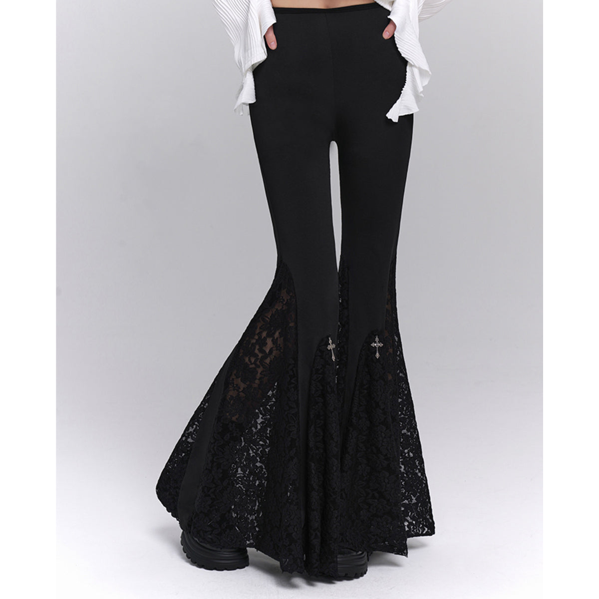 Black Lace Panel Flare Pants