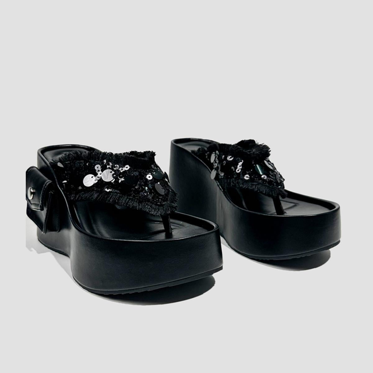 Black Sequin Fringe Platform Slides