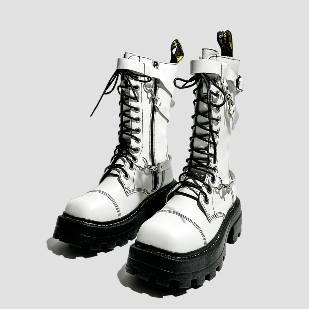 White Chain Strap Combat Boots