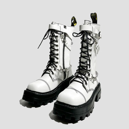White Chain Strap Combat Boots