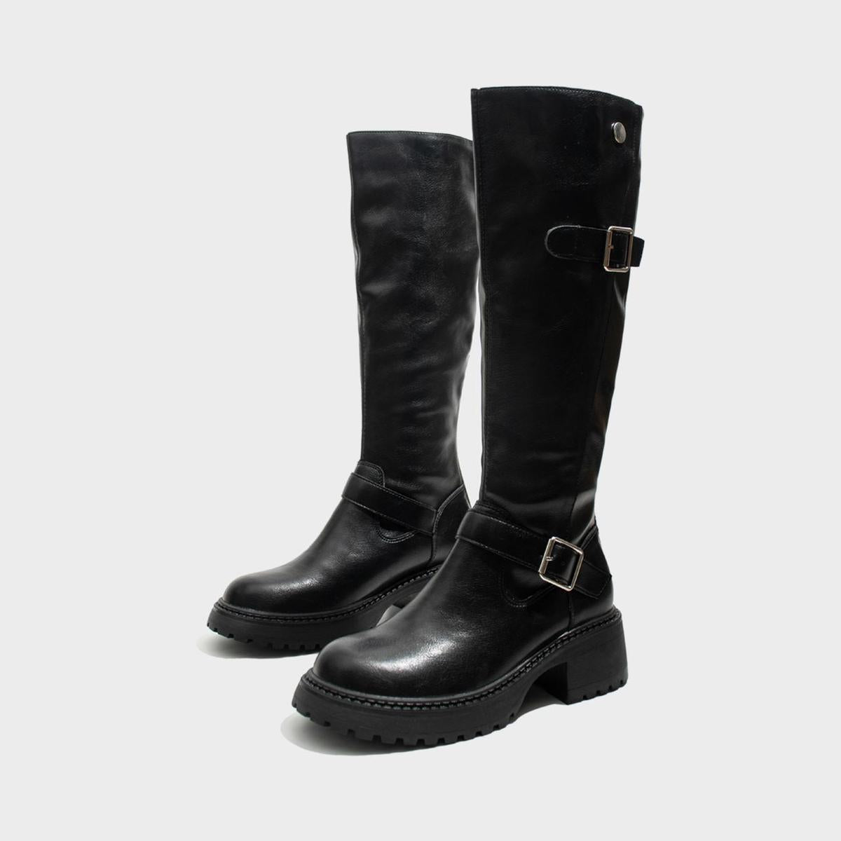 Black Buckled Knee-High Boots
