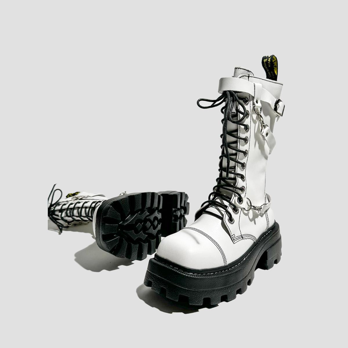 White Chain Strap Combat Boots