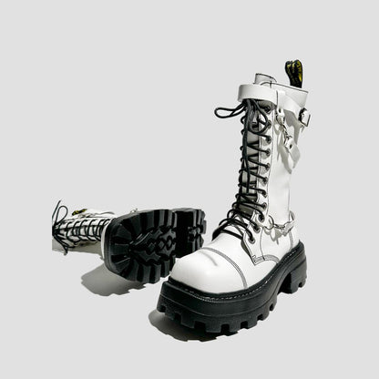 White Chain Strap Combat Boots
