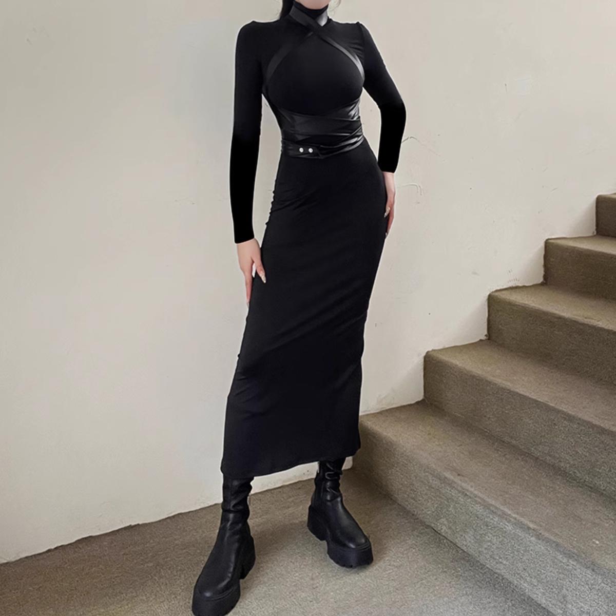 Faux Leather Strap Slit Maxi Dress