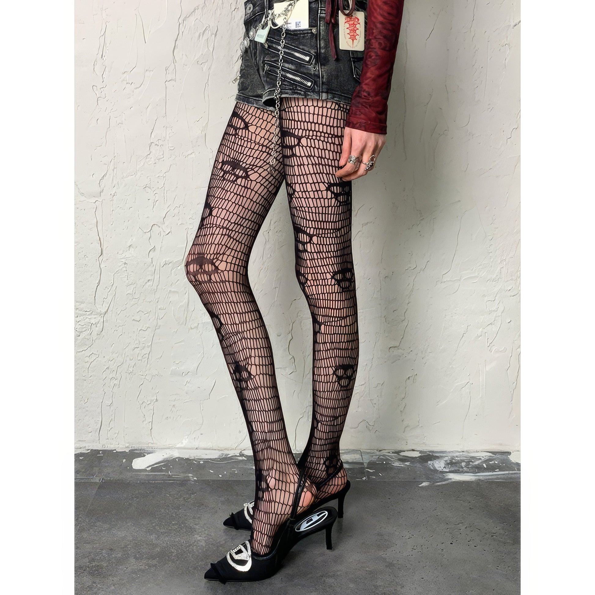 Skull Pattern Wide Net Tights