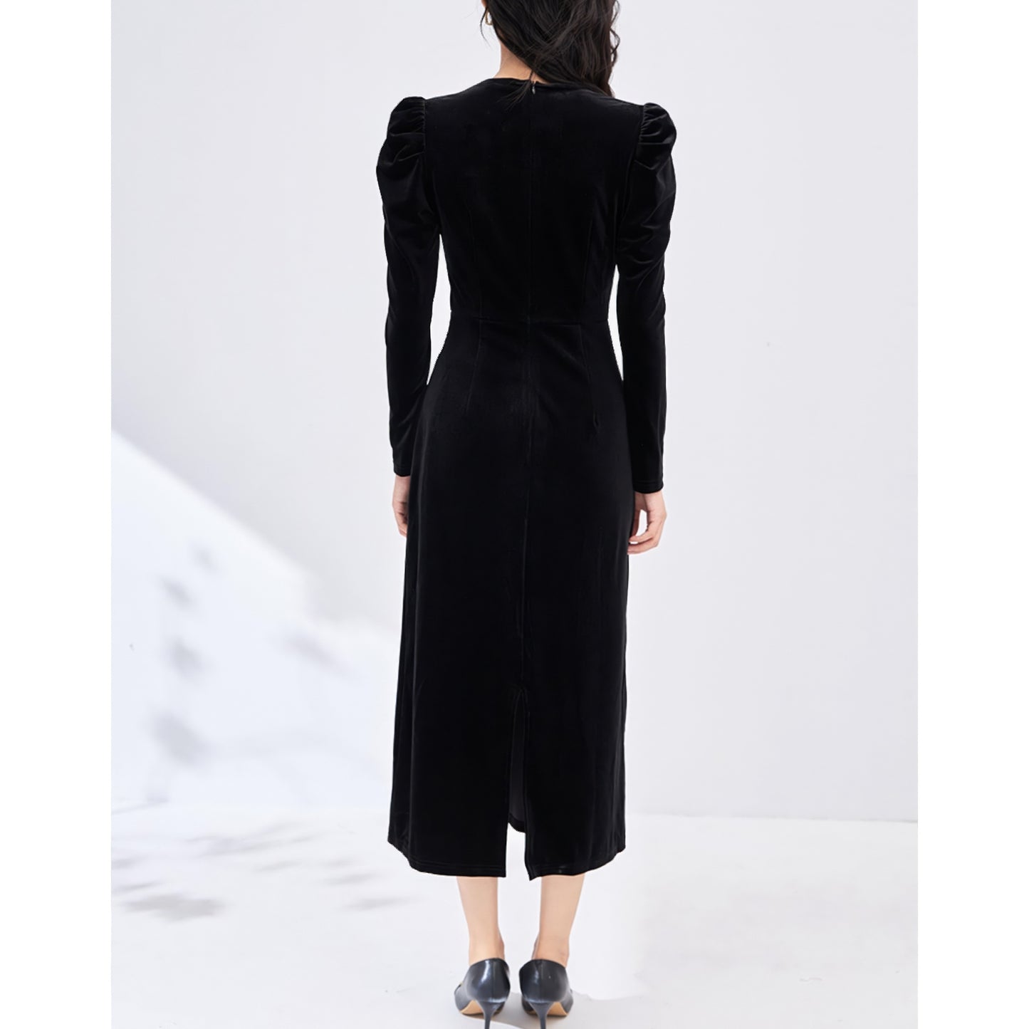 Ruched Shoulder Velvet Black Dress