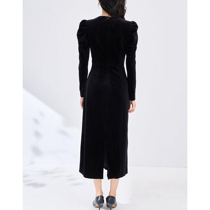 Ruched Shoulder Velvet Black Dress