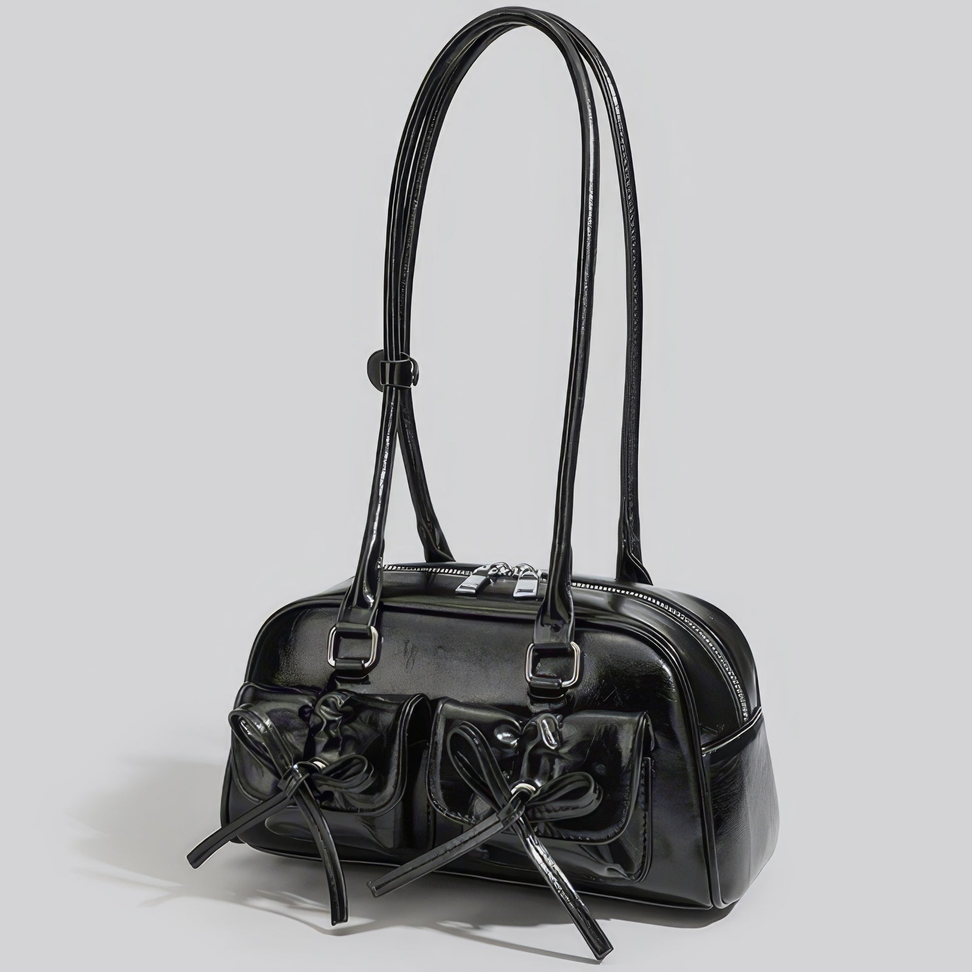 Glossy Bow Pocket Double Strap Shoulder Bag