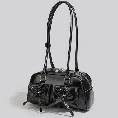 Glossy Bow Pocket Double Strap Shoulder Bag