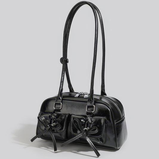 Glossy Bow Pocket Double Strap Shoulder Bag