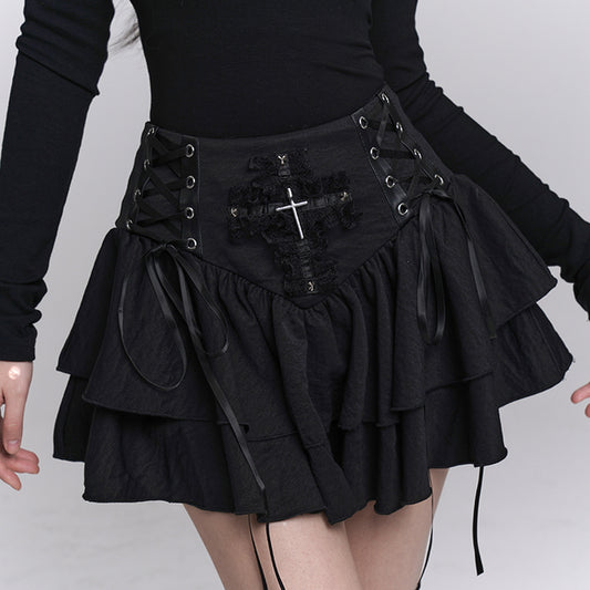 Black Lace-Up Ruffle Skirt