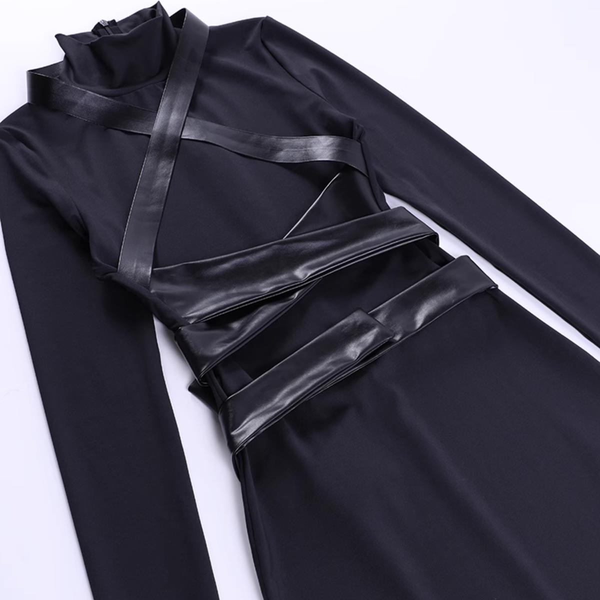 Faux Leather Strap Slit Maxi Dress