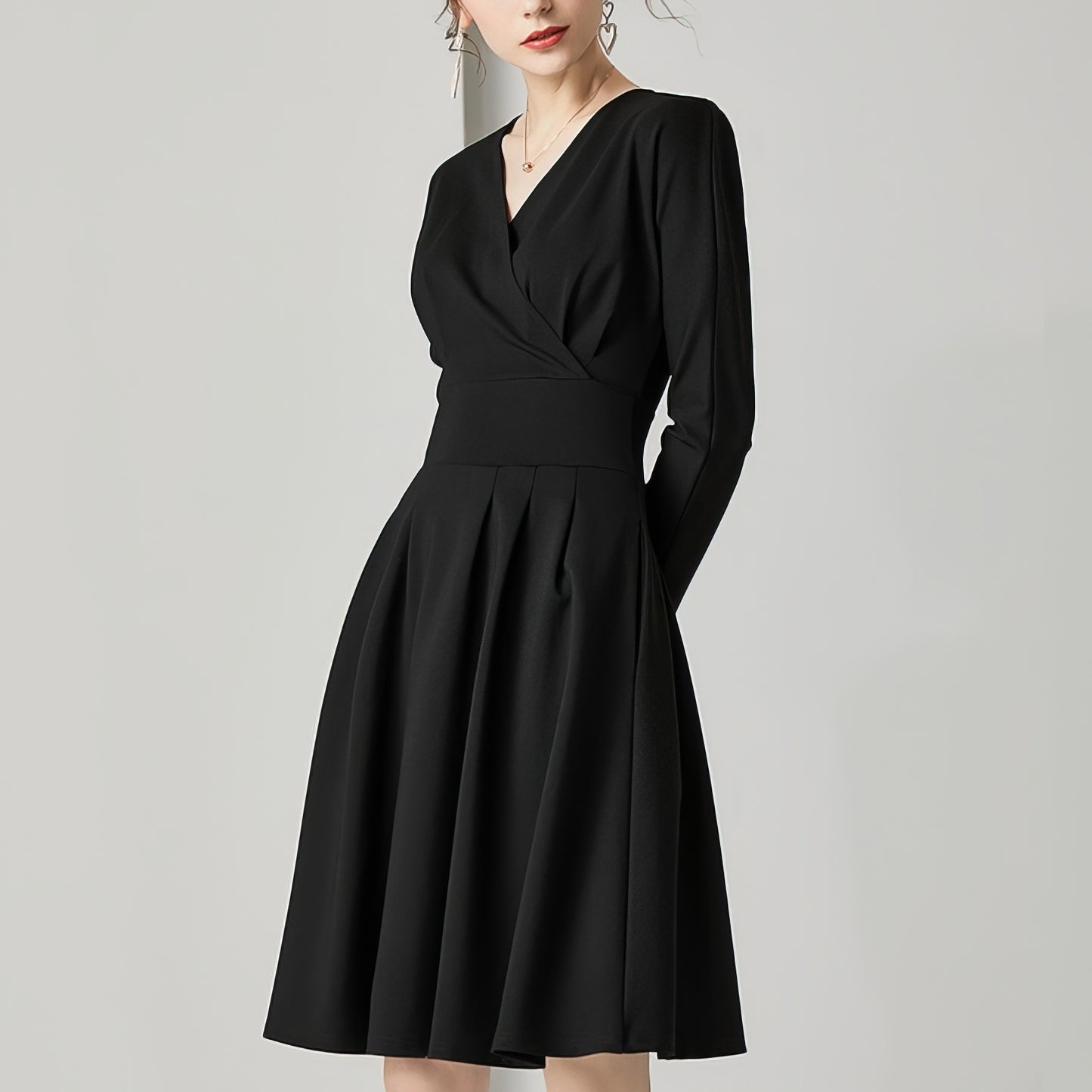 Wrap-Style Pleated Waist Black Midi Dress