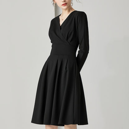 Wrap-Style Pleated Waist Black Midi Dress