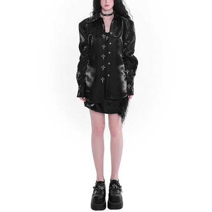 Metal Cross Embellished Satin Shirt