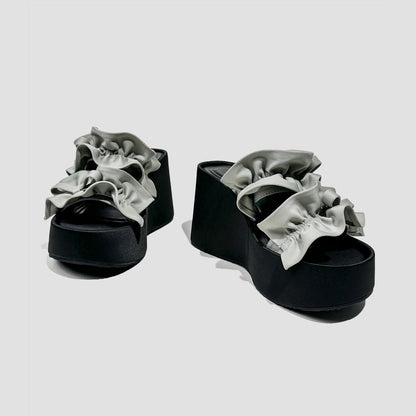 Satin Ruffle Bow Platform Slides