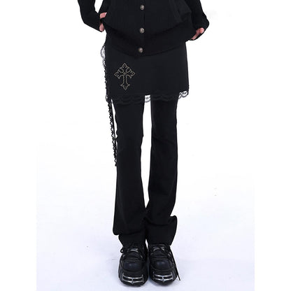 Lace Trim Flared Pants with Layered Skirt Detail