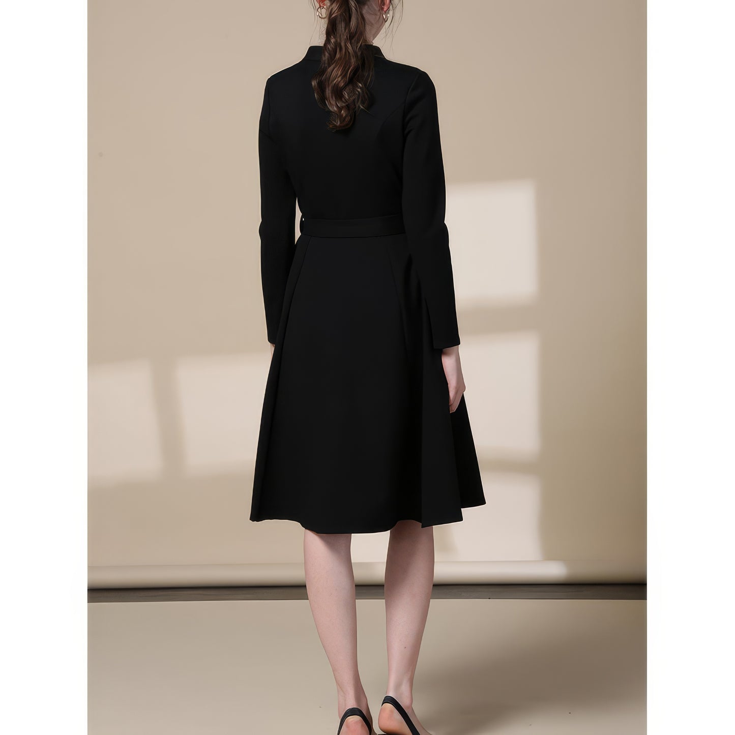 Pleated Waist Wrap Black Midi Dress
