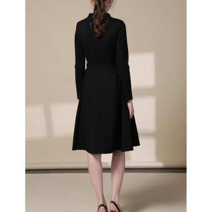 Pleated Waist Wrap Black Midi Dress