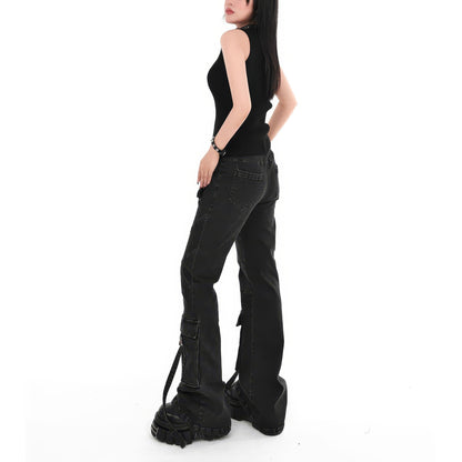Washed Strap Cargo Flare Jeans