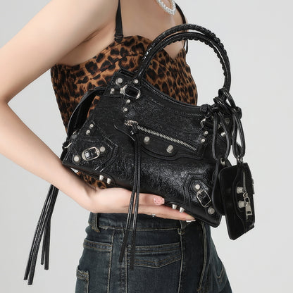 Studded Textured Leather Buckle Handbag