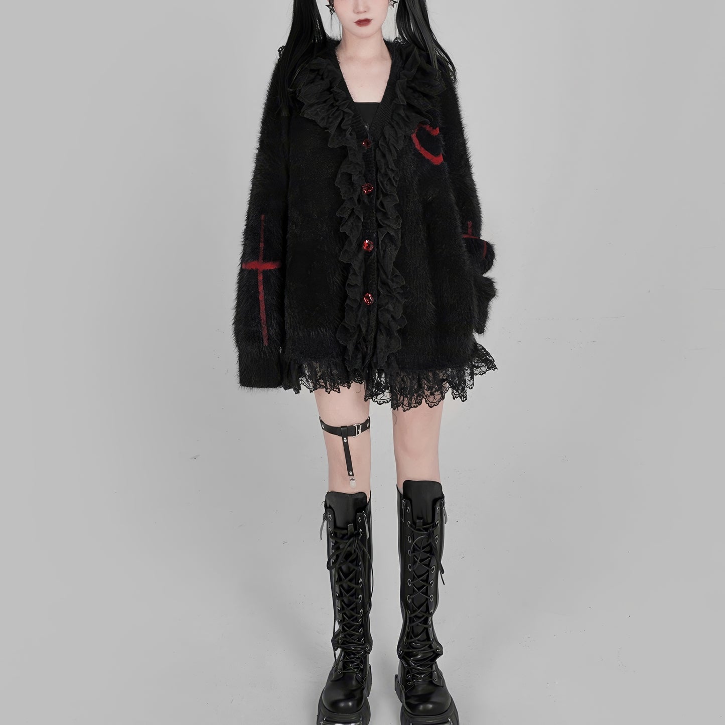 Lace Trim Fuzzy Knit Cardigan
