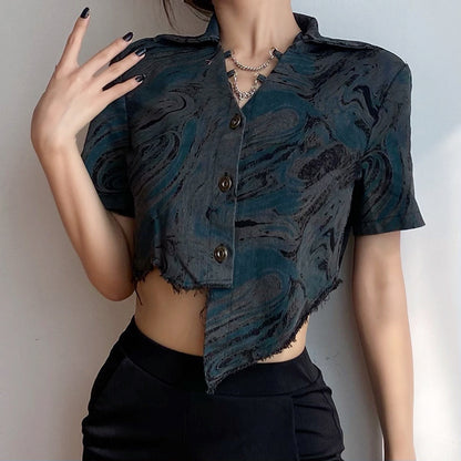 Asymmetrical Raw Hem Cropped Shirt