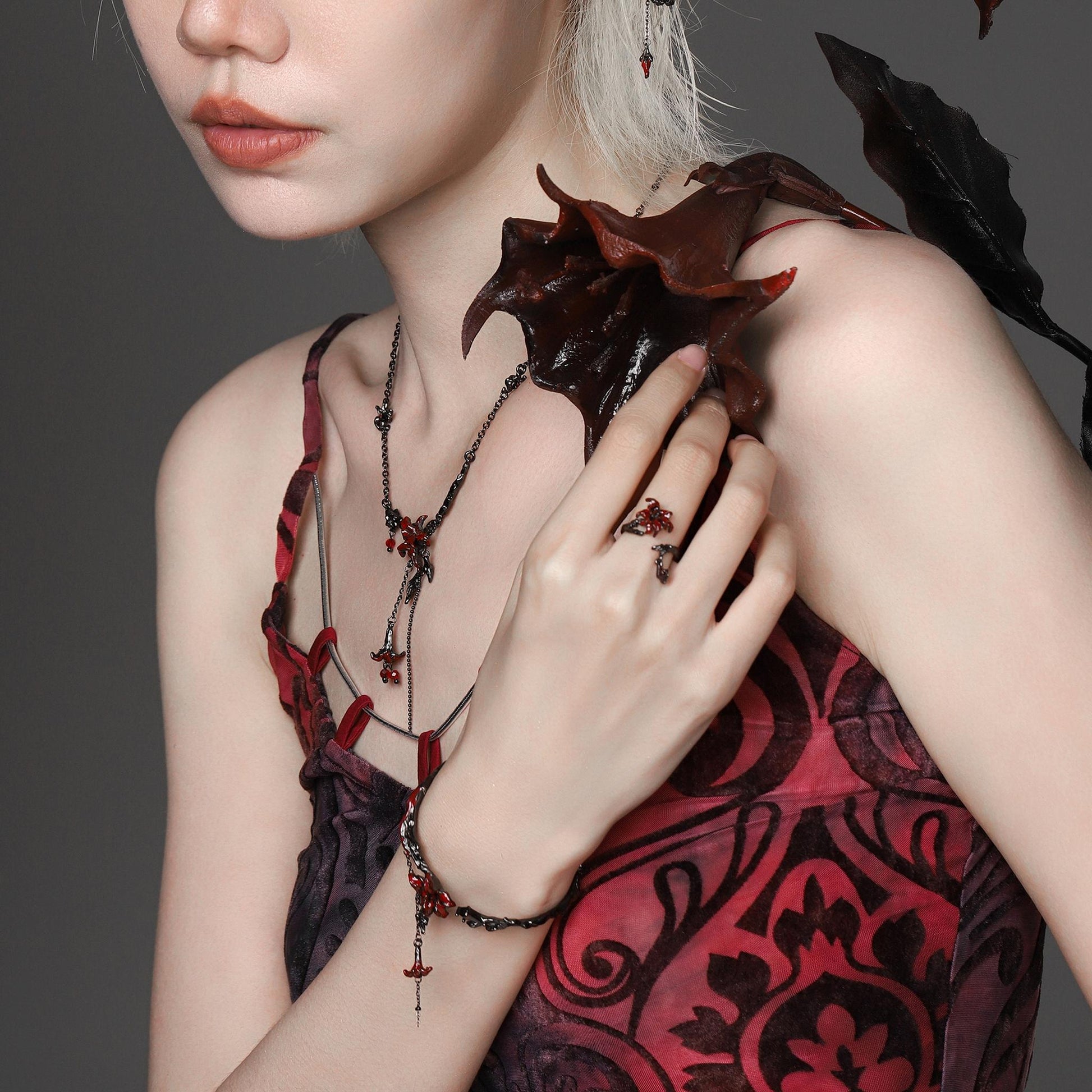 Red Lily Drop Chain Necklace
