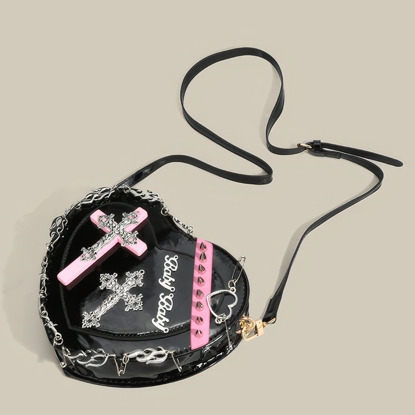 Studded Cross Patch Heart Patent Shoulder Bag