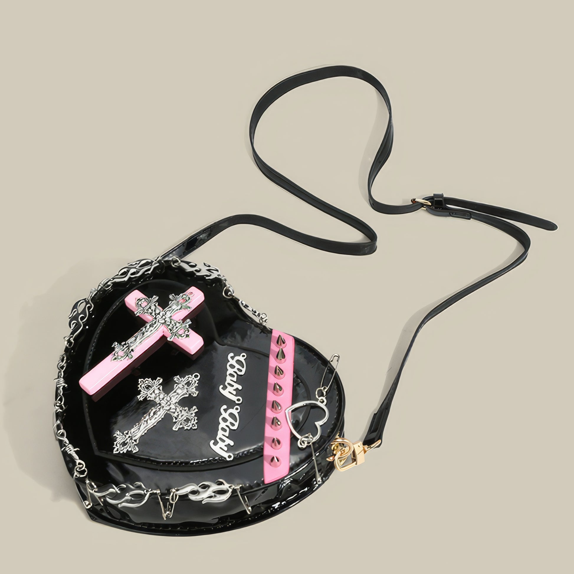 Studded Cross Patch Heart Patent Shoulder Bag