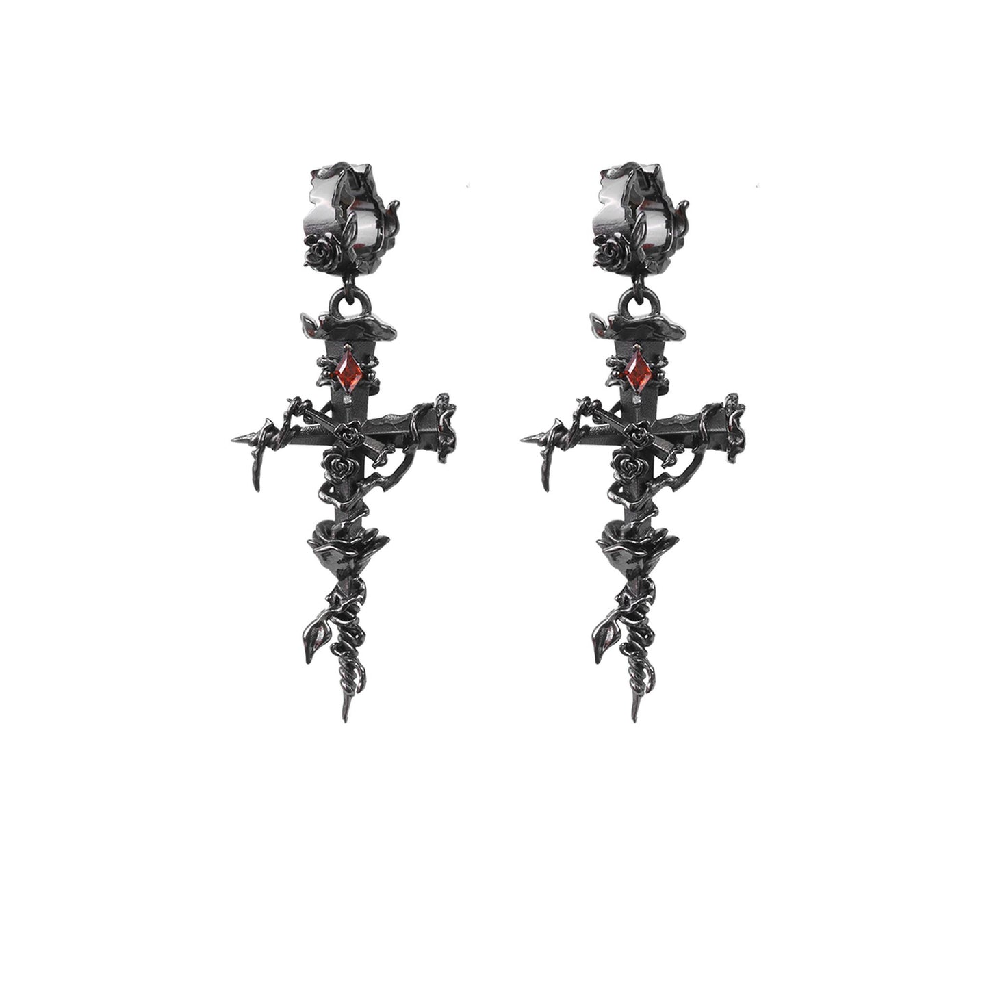 Barbed Rose Cross Drop Earrings